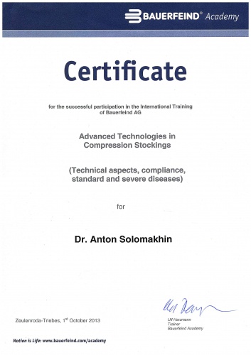 Certificate for the successful participation in the international Training of Bauerfeind AG. Advenced Technologies in Compression Stockings. Berlin-Zeulenroda-Triebes, 1 October 2013
