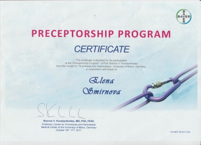  Preceptorship Program of prof. Stavros V.Konstantinides from the Center for Thrombosis and Haemostasis, University of Mainz, Germany