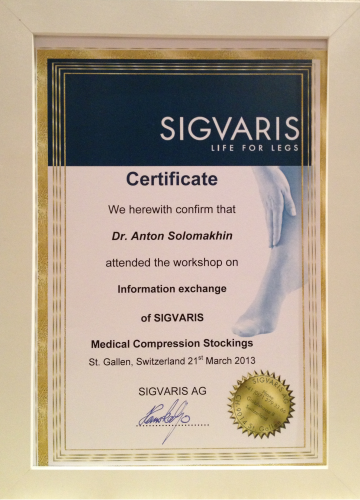 We herewith confirm that Dr. Anton Solomakhin attended the workshop on information exchange of SIGVARIS Medical Compression Stockings St. Gallen, Switzerland 21st March 2013